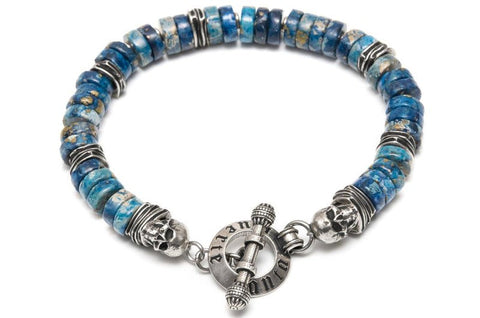 Bracelet cap Horn pyrite bleue tete de mort et perles -santa muerte