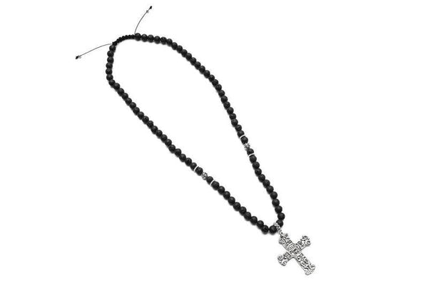 Collier Coronado pierre de lave perles et croix -santa muerte