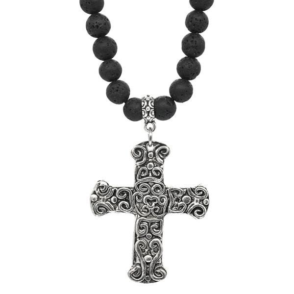Collier Coronado pierre de lave perles et croix -santa muerte
